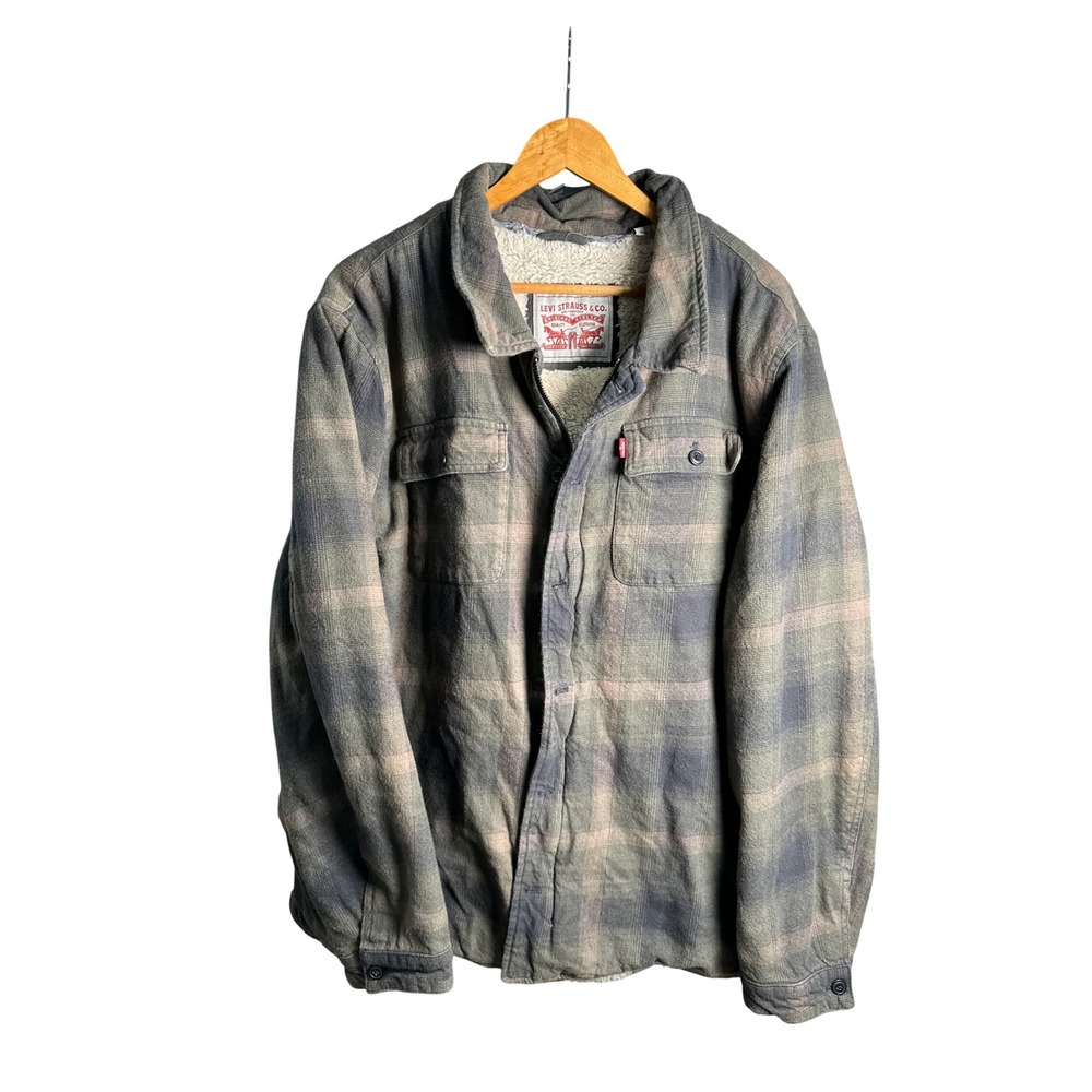 Levi Strauss Mens XXL Plaid Sherpa Lined Flannel Shirt Jacket Gray Brown Zip Up